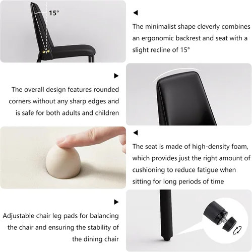 Vista 4 de YOUNIKE Silla de comedor moderna de lujo negra tapizada de piel sintética, cómoda silla de cocina sin brazos con respaldo para restaurante, mesa