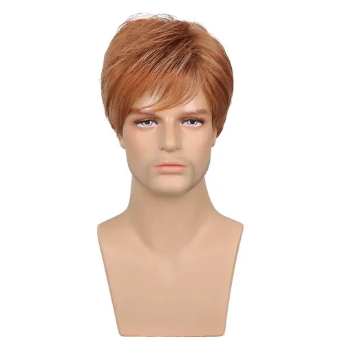 Vista 2 de Baruisi Peluca corta para hombre, color marrón claro, repuesto de cabello sintético, Cospaly Halloween