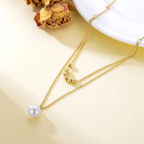 Vista 4 de Collar con capas de perlas de agua dulce de oro macizo de 14 quilates para mujeres, bolas de oro con cable de cadena gargantilla colgante joyería