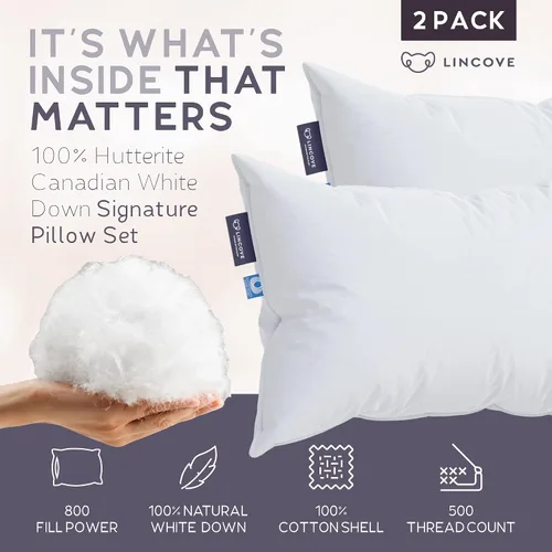 Vista 2 de Lincove Signature - Almohada de plumón 100% blanca canadiense, almohada de lujo para dormir de espalda, estómago y de lado, almohada de cama de 800