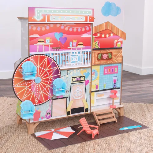 Vista 2 de KidKraft Ferris Wheel Fun Beach House - Casa de muñecas de madera con 19 accesorios y EZ Kraft Assembly™, regalo para mayores de 3 años