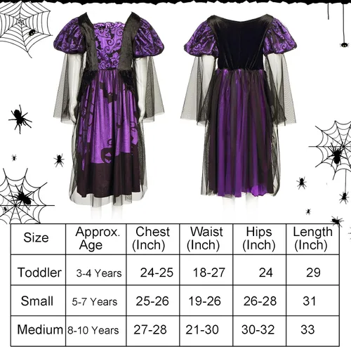 Vista 5 de XIFEINIU Disfraz de bruja de Halloween, conjunto de lujo, vestido morado para niñas