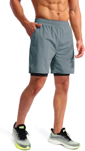 Vista 3 de Pudolla Mens 2 in 1 Running Shorts 7" Quick Dry Gym Athletic Workout Shorts for Men with Phone Pockets