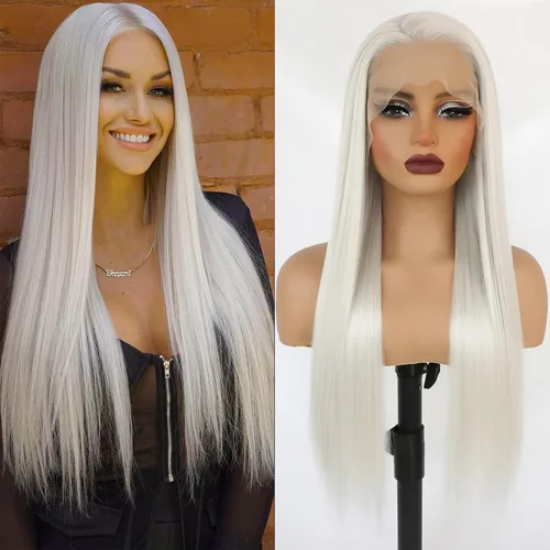 Vista 10 de Peluca rubia sintética con encaje frontal, predepilada 613, peluca de cabello largo para mujer, peluca sedosa y recta con parte media sin pegamento