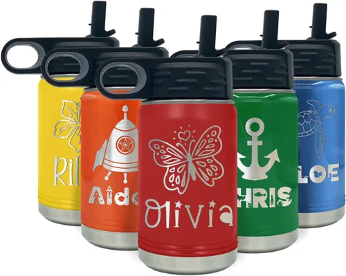 Vista 52 de Botella de agua para niños personalizada con nombre en botella de agua aislada con anillo verde mate de 12 onzas