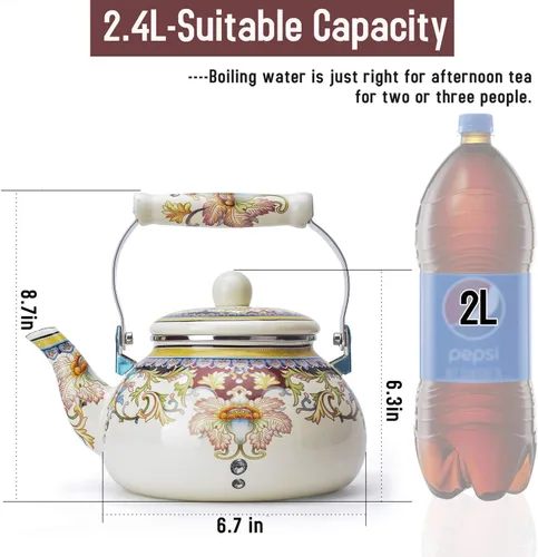 Vista 2 de Tetera de Esmalte Cerámico Floral Tetera para Estufa, Tetera Grande de Porcelana Esmaltada (blanco) (2.4L, blanco2)
