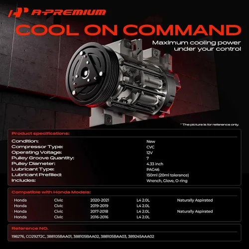 Vista 2 de Compresor de aire acondicionado A-Premium con embrague compatible con Honda Civic 2.0L 2016-2021, con estilo CVC, con polea de 7 ranuras