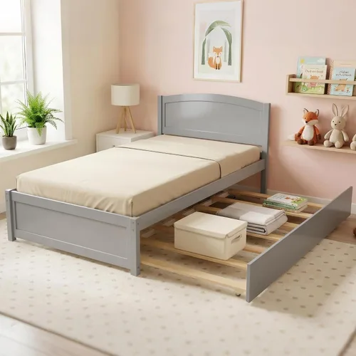 Vista 8 de Xilingol - Cama nido individual, marcos de cama de madera maciza con cabecero y soporte de listones de madera, marco de cama nido individual Gris