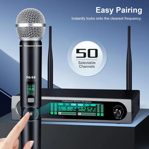 Vista 4 de GDPONRM Sistema de micrófono UHF inalámbrico, con 2 dispositivos de mano, escaneo automático, frecuencias UHF de 2 x 50, rango de 200 pies