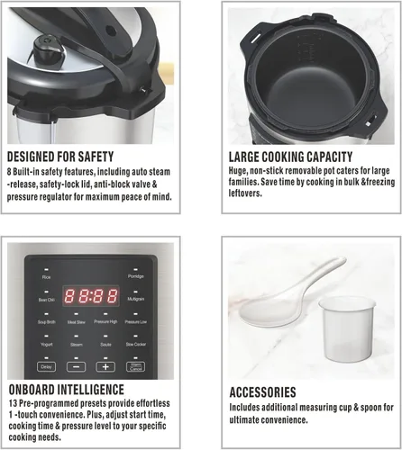 Vista 3 de EMB Ironblade - Olla a presión programable 7 en 1, 6 litros, acero inoxidable de 1000 W, olla de cocción lenta, arrocera, vaporera, sartén