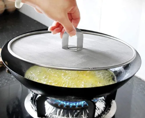 Vista 4 de Tapa de acero inoxidable 304 con agarre plegable, protector contra salpicaduras de aceite, herramientas de cocina, prácticos accesorios de cocina