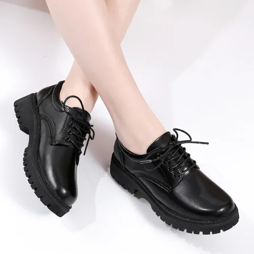 Vista 2 de Zapatos Oxford de plataforma negra para mujer, zapatos de cuero grueso para trabajo, oficina, antideslizantes, zapatos de vestir cómodos