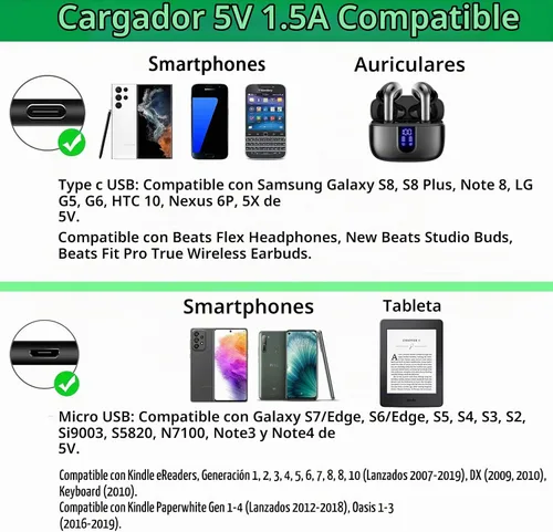 Vista 4 de Fuente de alimentación de 5 V 1.5 A, cargador de 5 voltios con puertos tipo C y micro USB, para Kindle de 5 voltios, teléfonos inteligentes