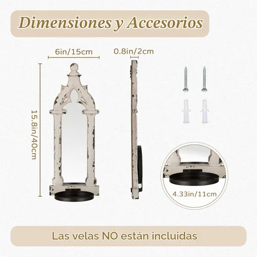 Vista 4 de Juego de 2 candelabros de pared con espejo real, color blanco envejecido French Wood Wall Candle Holder, Shabby Chic Decor, Pointed Arch Frame
