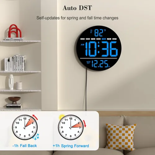 Vista 4 de Reloj de pared digital eléctrico grande con pantalla LED PLUG IN clock with Temperature, Auto DST, Date and Day, 5-Level Brightness for Office