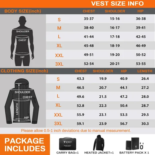 Vista 6 de EAY Mens Heated Jacket with Battery Pack 7.4V and Detachable Hood, Rechargeable Waterproof Eletric Heated Coat for Men