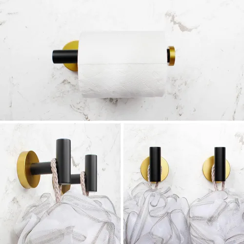 Vista 2 de Juego de accesorios de baño de 3 piezas, color negro y dorado, para montar en la pared, incluye soporte para papel higiénico, 2 ganchos para toallas