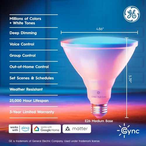 Vista 3 de GE Cync PAR38 Bombilla LED inteligente, reflector de exterior que cambia de color, compatible con Alexa y Google Home (paquete de 4)