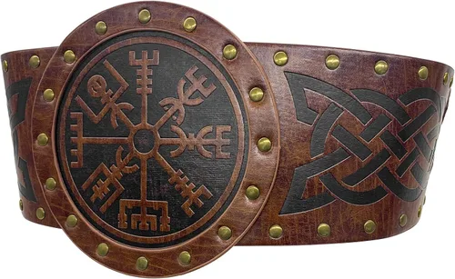 Vista 3 de HiiFeuer Viking Cinturón ancho en relieve cinturón nórdico de piel sintética con corsé de caballero disfraz LARP de Halloween