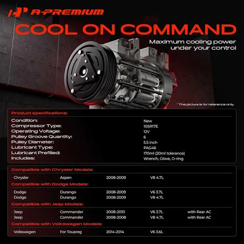 Vista 2 de A-Premium Compresor de aire acondicionado con embrague compatible con Chrysler Aspen, Dodge Durango, Jeep Commander, Volkswagen Touareg