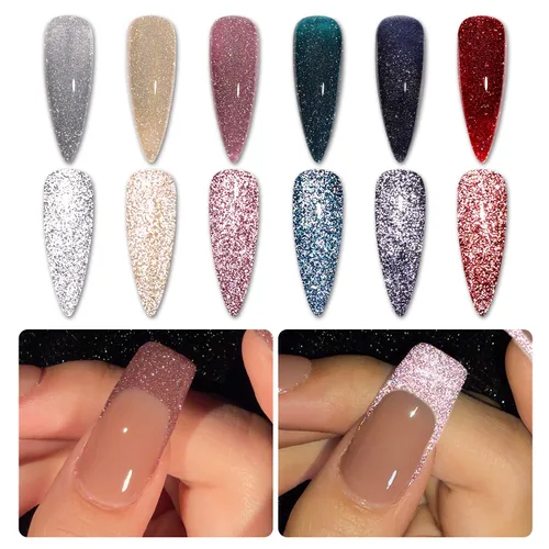 Vista 9 de GAOY Juego de esmalte de uñas de gel con brillantina reflectante de 6 colores, incluye colores rosa, plateado, rojo, verde, kit de esmalte de gel