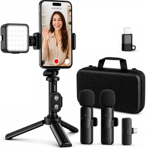 Vista 8 de Acuvar Kit de vlogging premium de 9 piezas para iPhone, Android y cámaras, micrófono, soporte de trípode y luz LED, paquete de YouTube, TikTok