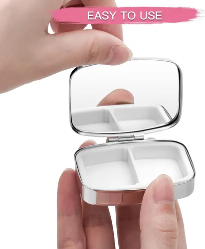 Vista 4 de Soleebee Pastillero de cristal brillante, portátil con 2 compartimentos, organizador diario de píldoras, pequeño estuche de viaje para bolso