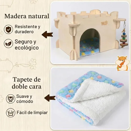 Vista 4 de Casa Castillo YKD para Chinchilla, Escondite de Animales Pequeños para Chinchilla, Conejo, Erizo o Ratón, Hábitat Ventilado de Madera para Conejo