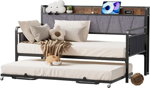 Vista 9 de Sofá cama individual con nido, moderno sofá cama individual, marco de cama de metal resistente con cabecera tapizada para sala de estar, dormitorio