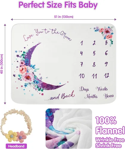 Vista 7 de Manta mensual de hitos para bebé, 51 x 40 pulgadas, manta de regalo para baby shower, manta de felpa suave para niños y niñas, mantas unisex