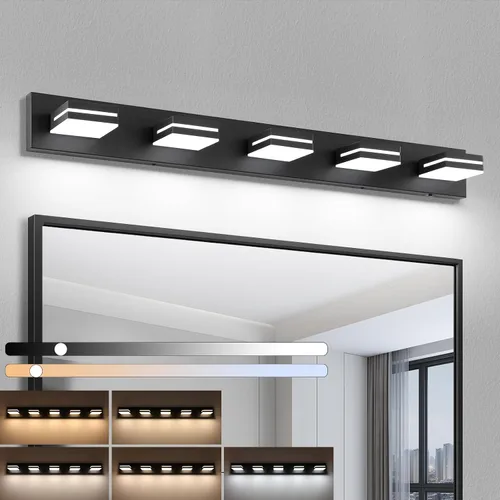 Vista 16 de Accesorios de iluminación de tocador de baño sobre espejo (3 luces, 5CCT, regulable) modernos accesorios de iluminación LED de pared de baño, negro