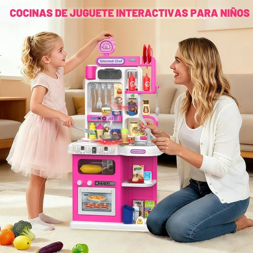 Vista 2 de Juego de cocina para niños, cocina de juego de 36.22 pulgadas para niños pequeños de 1 a 3 años con vapor, sonido y luz, estufa de cocina