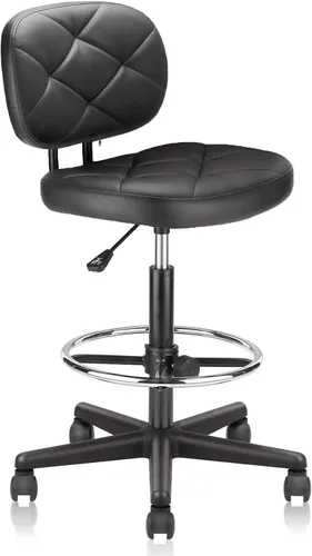 Vista 12 de KLASIKA Silla de dibujo con respaldo, taburete giratorio de cuero sintético ajustable en altura con anillo para el pie, silla de oficina ergonómica