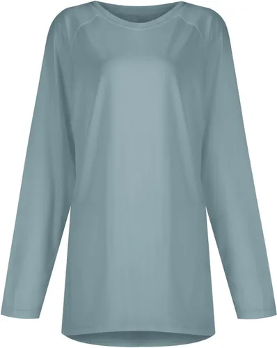 Vista 5 de Camiseta de manga larga para mujer, para otoño e invierno, con cuello en V, color sólido, informal, larga, holgada, para otoño e invierno