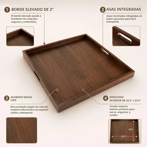Vista 5 de Bandeja otomana de madera de nogal BARsics de 61x61 cm, bandeja grande para sala de estar