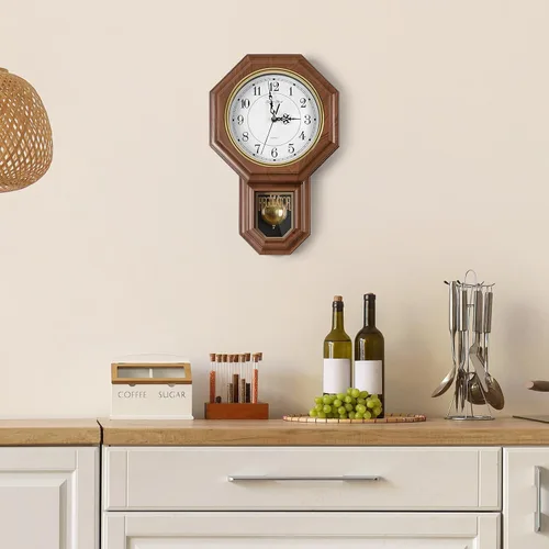 Vista 5 de Reloj de pared de péndulo que funciona con pilas, reloj regulador de plástico de imitación de madera con péndulo, relojes de pared decorativos
