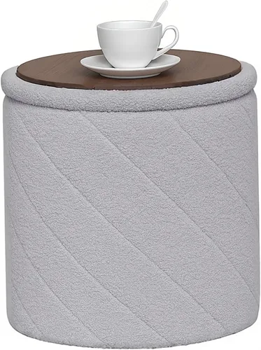 Vista 13 de B FSOBEIIALEO Otomana con almacenamiento, Otomana redonda de almacenamiento de bouclé con bandeja, Taburete reposapiés para dormitorio, Otomana