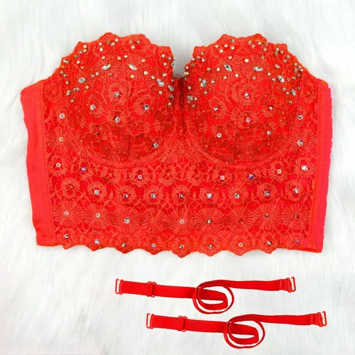 Vista 4 de ELLACCI Corsé de malla sexy con diamantes de imitación de encaje natural para mujer, color rojo