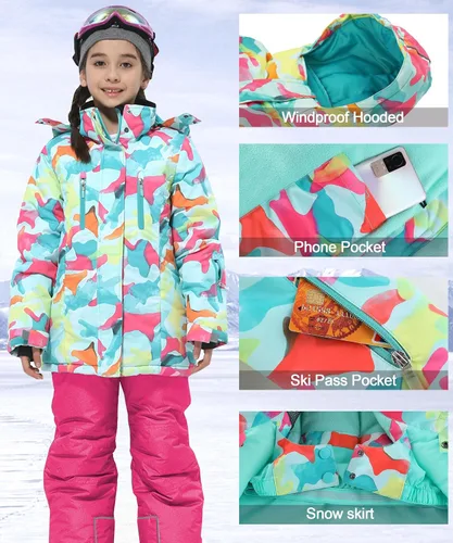 Vista 2 de Hiheart Conjunto de 2 piezas de chaqueta de esquí con capucha y pantalones para niñas
