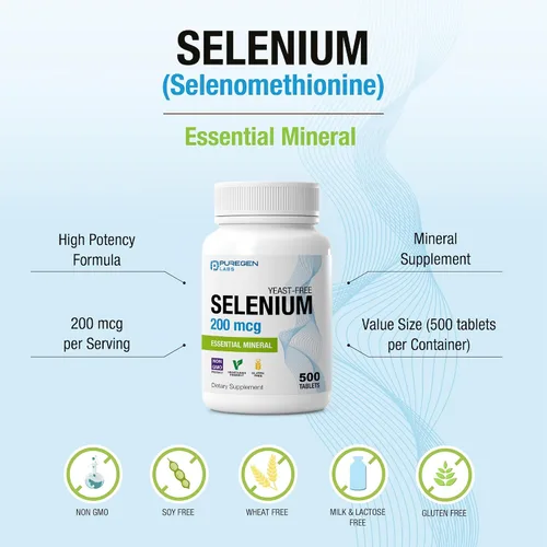 Vista 4 de Puregen Labs Selenio 200 mcg Mineral esencial sin levadura – 500 tabletas vegetarianas Apoyo inmunológico y antioxidante Sin OMG, sin gluten