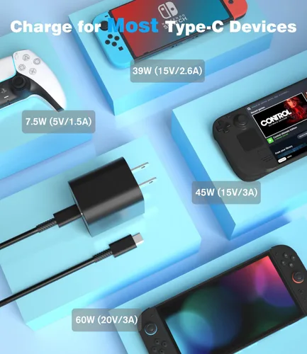 Vista 2 de Cargador para Nintendo Switch 2 Steam DeckSwitch y PS5 compatible con modo de TV, salida 60 W Max para Nintendo 2 con cable de carga de 5 pies