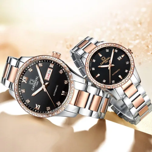 Vista 5 de Gosasa Reloj mecánico automático para parejas cristal de zafiro reloj de acero inoxidable para hombres y mujeres para ella o ella juego de regalo