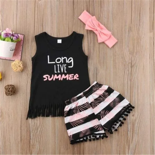 Vista 2 de Conjunto de ropa de verano con flecos para bebé, niña, camiseta sin mangas, pantalones cortos con borlas, diadema, Negro
