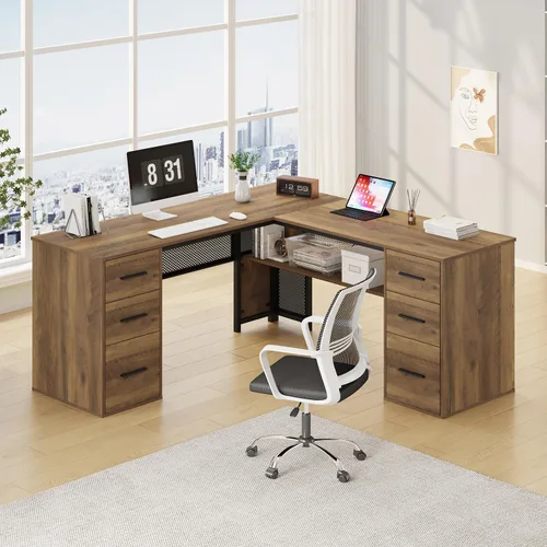 Vista 12 de HSH Escritorio negro en forma de L con cajones, escritorio de esquina con Roble negro
