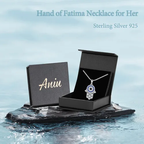 Vista 122 de Aniu Joyería de plata de ley 925 Hamsa de Fátima para mujer con circonita cúbica, viene con caja de regalo negra