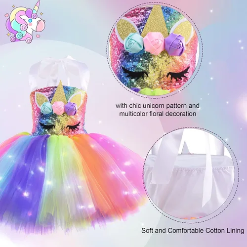 Vista 4 de Vestido de unicornio para niñas de 3 a 8 años con diadema tutú iluminado con lentejuelas disfraz de fiesta de unicornio vestido de princesa
