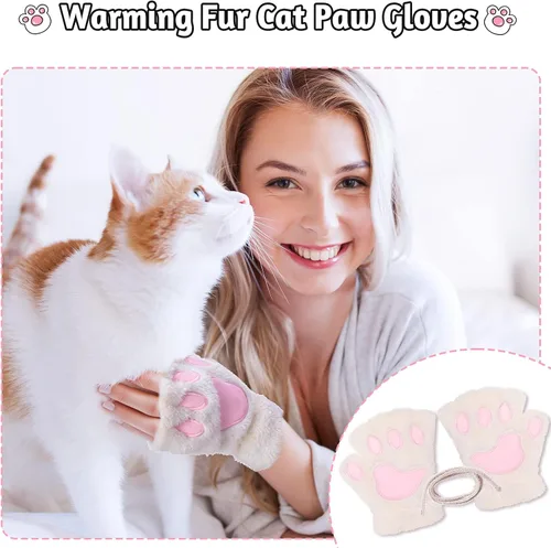 Vista 6 de SATINIOR 4 pares de guantes de pata de gato, guantes sin dedos, guantes de media pata de dedo, guantes de felpa de invierno para niños y adultos