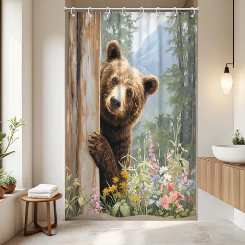 Vista 8 de Riyidecor Funny Brown Bear Shower Curtain for Bathroom Decor 60Wx72H Rustic Wooden Board Plank Animal Humorous Farmhouse Mountain Tree Art Printed