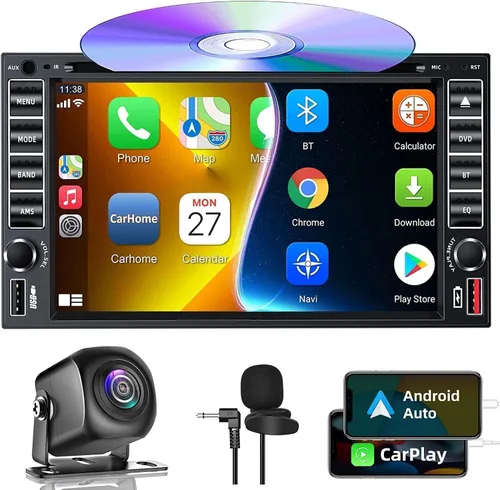 Vista 8 de Estéreo de coche doble DIN con reproductor de CD/DVD, pantalla táctil de 7 pulgadas, Bluetooth 5.2, CarPlay/Android Auto, cámara de respaldo
