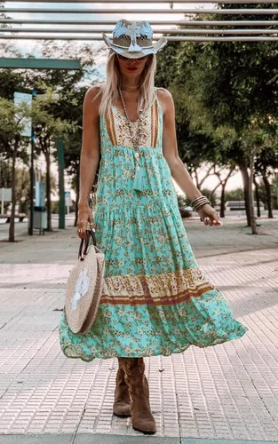 Vista 4 de Angashion - Vestido largo, diseño floral, ajustable con tirantes delgados, cuello en V, bohemio, para verano, playa, étnico y holgado, para mujer